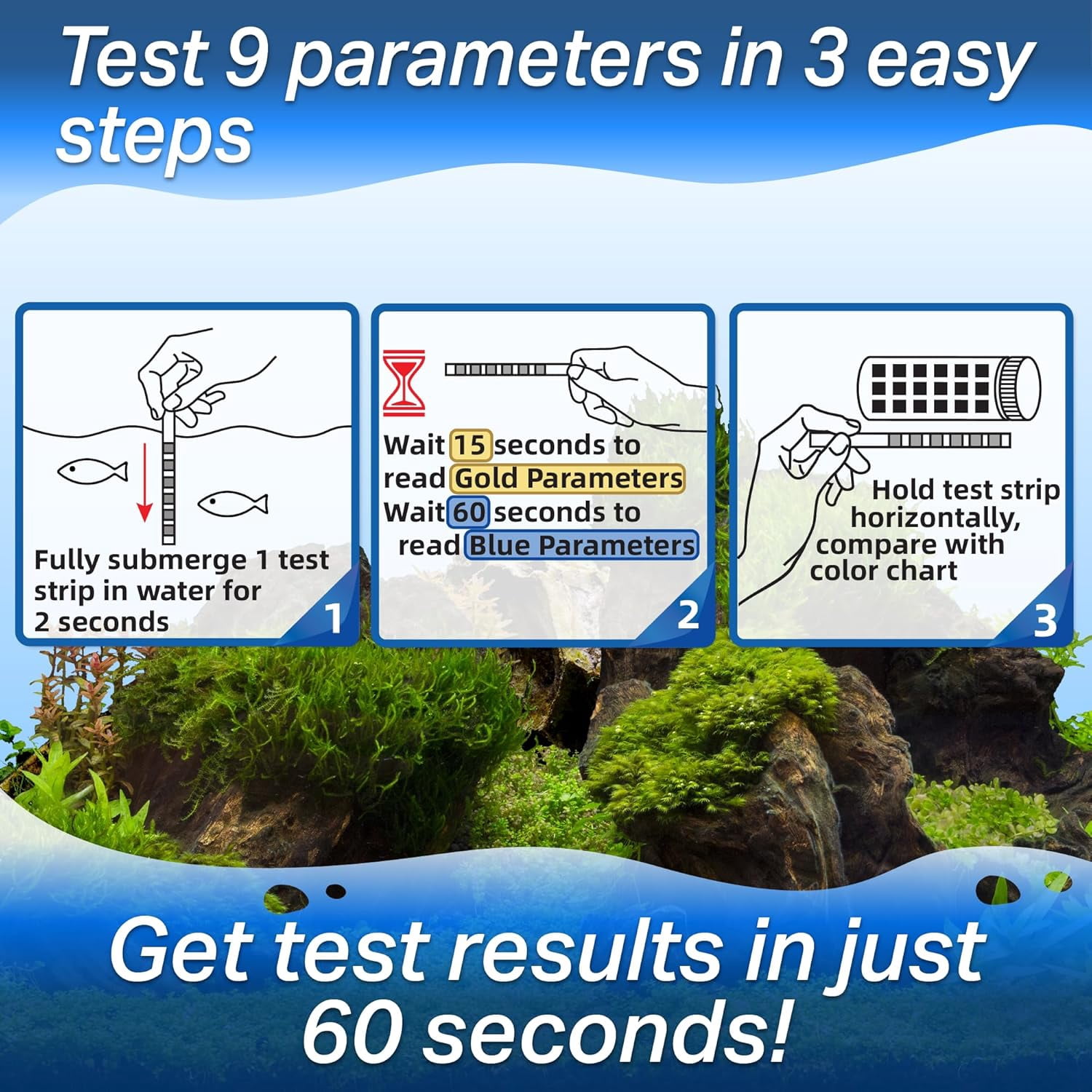 9 in 1 Aquarium Test Strips for Salt & Freshwater, Fish Tank Tester Kit for Iron, Copper, Carbonate, pH, Nitrate, Nitrite, Chlorine, Total Hardness & Alkalinity - 25 Count