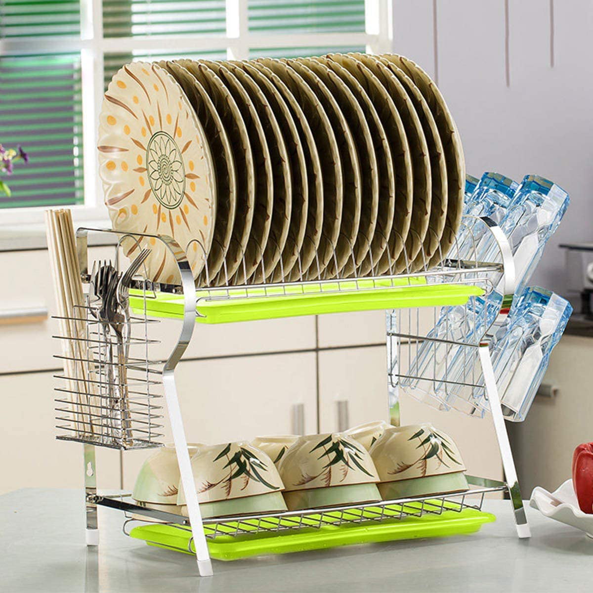 Details about   Dish Drainer Drip Tray Rack 2 Tier Cutlery Bowls Plates Utensils Holder Rack 