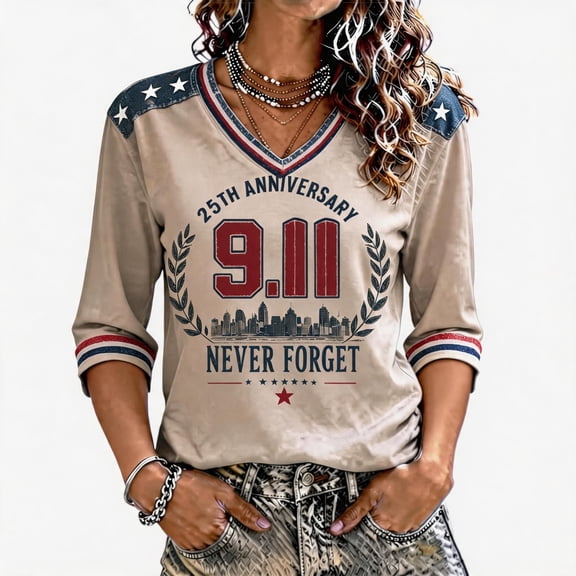 Women's 9/11 25th Anniversary T-Shirt Flag Printed Vintage Never Forget 9/11 Tshirt 25th Anniversary Flag Shirt for Women