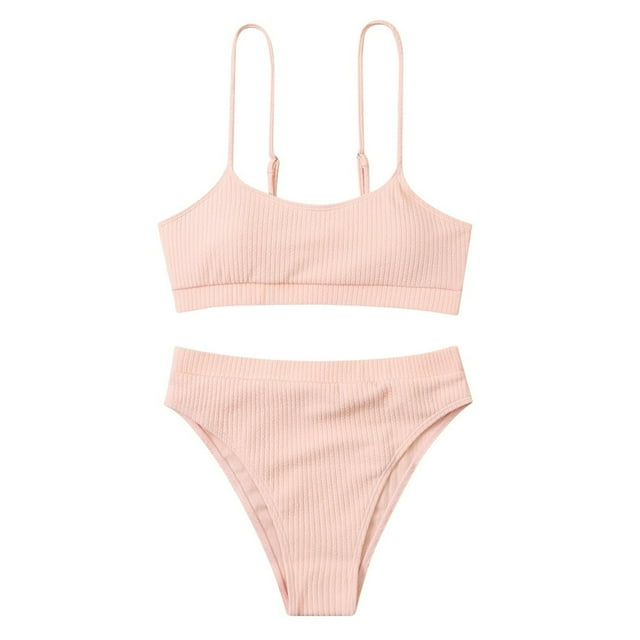 Women Two Piece Bathing Suits Ribbed Sports High Waisted Bikini Set Spaghetti Strap Swimsuit Tummy Control Swimwear