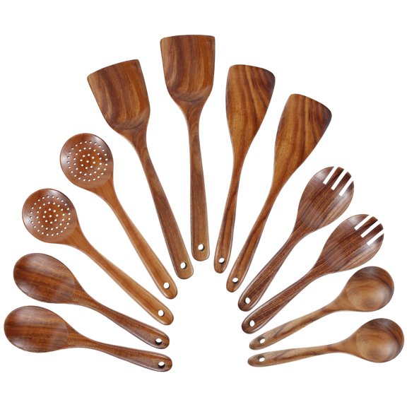 Grusce 12PCS Wooden Cooking Spoons Set, Smooth Teak Cookware Spoons Utensils Set, Wood Spatula Spoon with Comfortable Grip Colander Fork Set with Hanging Hole, for Kitchen Cooking