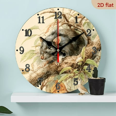 2D Flat 1pc 10Inch Wooden Asian-Inspired Silent Non-Ticking Wall Clock - Chinese Wind Rat Decor with Black Hands Beige Face - 10x10 Inch Modern Chinese New Year Decoration for Living Room