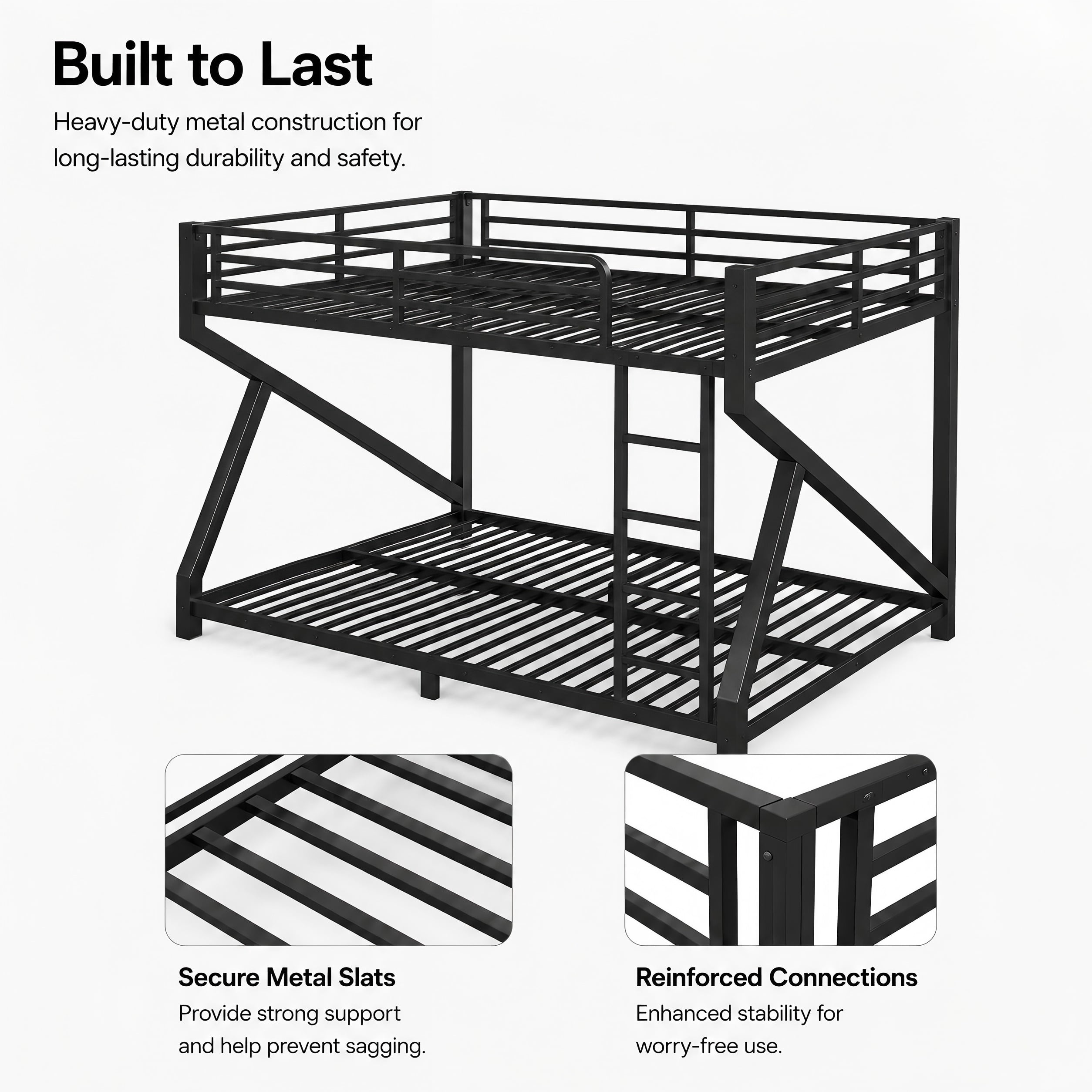 Aukfa Queen over Queen Metal Bunk Bed with Built-In Ladders, Low Profile Heavy Duty Bunk Bed with Reinforced Support Slats, No Box Spring Needed, Black