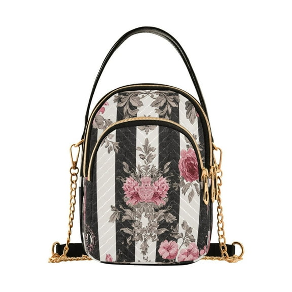 Cross Body Fashion Shoulder Waist Purse Bags Black White Stripes Pink Roses Pocket Handbags