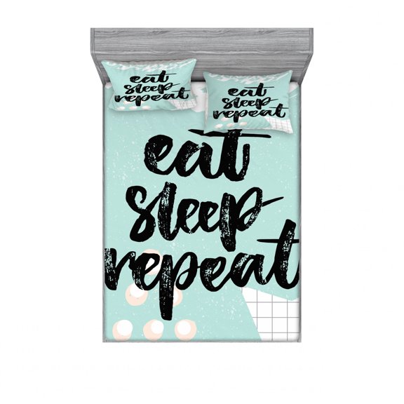 Saying Bedding Set with Sheet & Covers, Brush Typography Eat Sleep Repeat Funny Message on Grungy Background, Printed Bedroom Decor 2 Shams, 4 Sizes, Mint Green Black, by Ambesonne