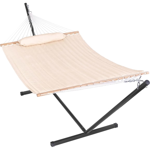 Lazy Daze Hammocks Quilted Fabric Hammock with 12 Feet Stand, 2 People Double Hammock with Stand for Outdoor Indoor Patio Garden Backyard, 450 lbs Capacity, Beige
