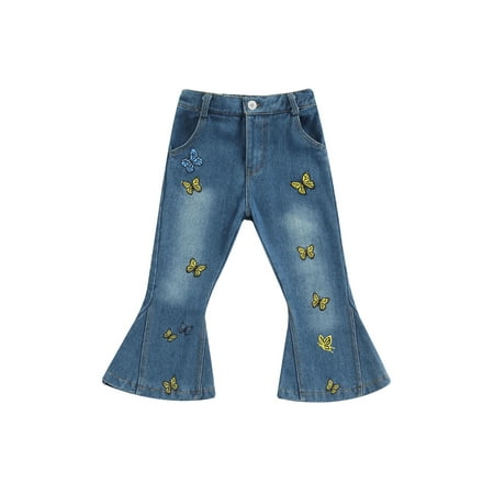 

Awoscut Little Girl Flared Jeans Butterfly Print Wide Leg Denim Long Pants Bell Bottoms Trousers