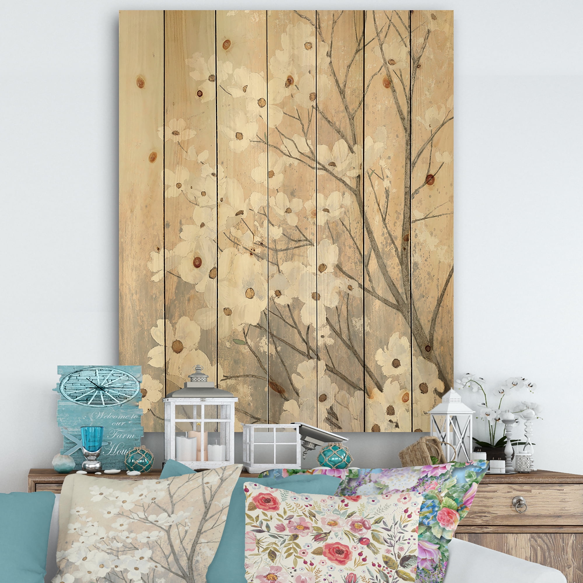 Designart 'White Blossoms Flowers on Grey' Traditional Print on Natural Pine Wood