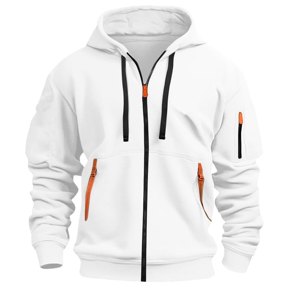 LMOIPLI Men's Cargo Hooded Zipper Coat Lightweight Solid Color Long Sleeved Jacket Outdoor Athletic Casual Travel Jacket with Pocket White XXXXL