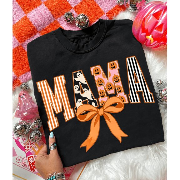 Halloween Mama Bow Graphic T-Shirt, Cute Ghost Pumpkin Pattern Short Sleeve Tee for Mom Fall Gift