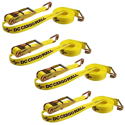 DC Cargo Tie-Down Ratchet Straps J-Hooks, (Pack of 4) Heavy Duty 2" x 27' Tie-Down Ratcheting Cargo Truck Straps Wire Hook Ends, J-Hook Ratchet Strap Tie-Downs