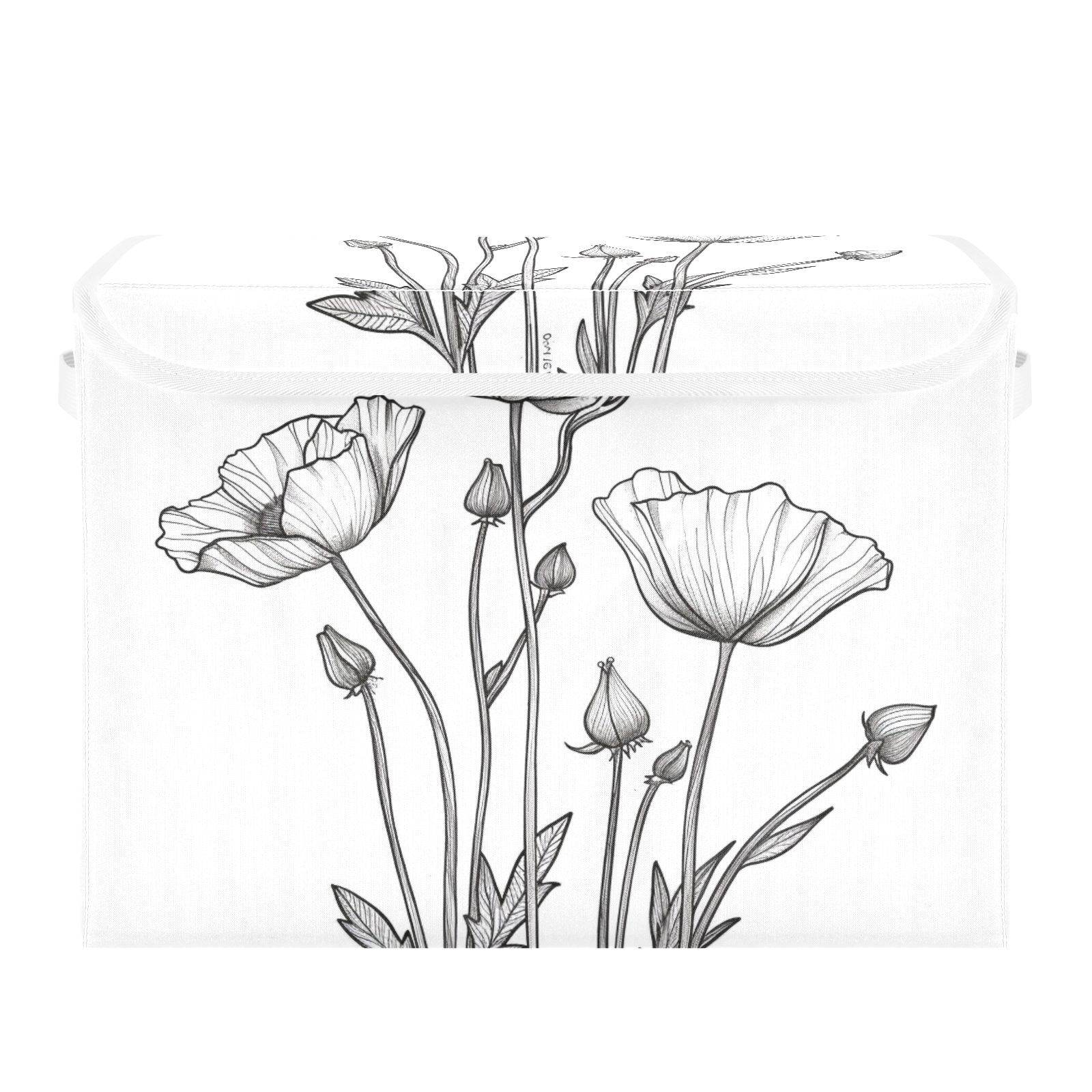Black Line Flowers Storage Basket for Shelves Foldable Container Organizer for Organizing Toys Clothes Books with Handles