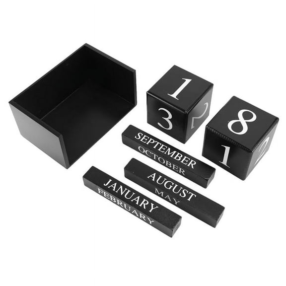 Wooden Calendar Wooden Desk Block Calendar-Permanent Block Month Date Display Home Office Decoration (Black)