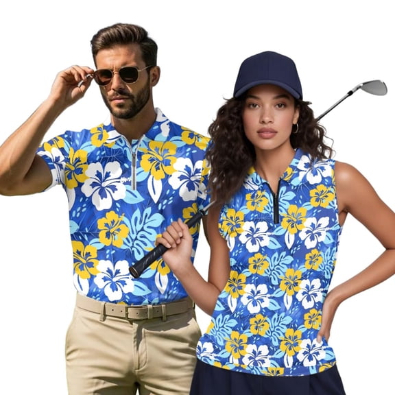 HUIACONG Couples Matching Golf Shirts for Men Golf Tops for Women Active Tops Matching Shirts for Couples Lightweight Moisture Wicking Breathable Hibiscus Floral Blue Man L