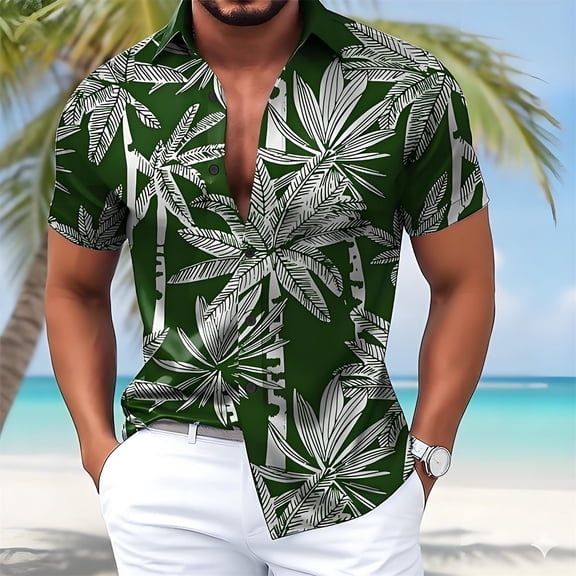 BUWTTER Mens Shirts Short Sleeve Tropical Button Down Summer Loose Fit Breathable Relaxation Beach Shirt Green L