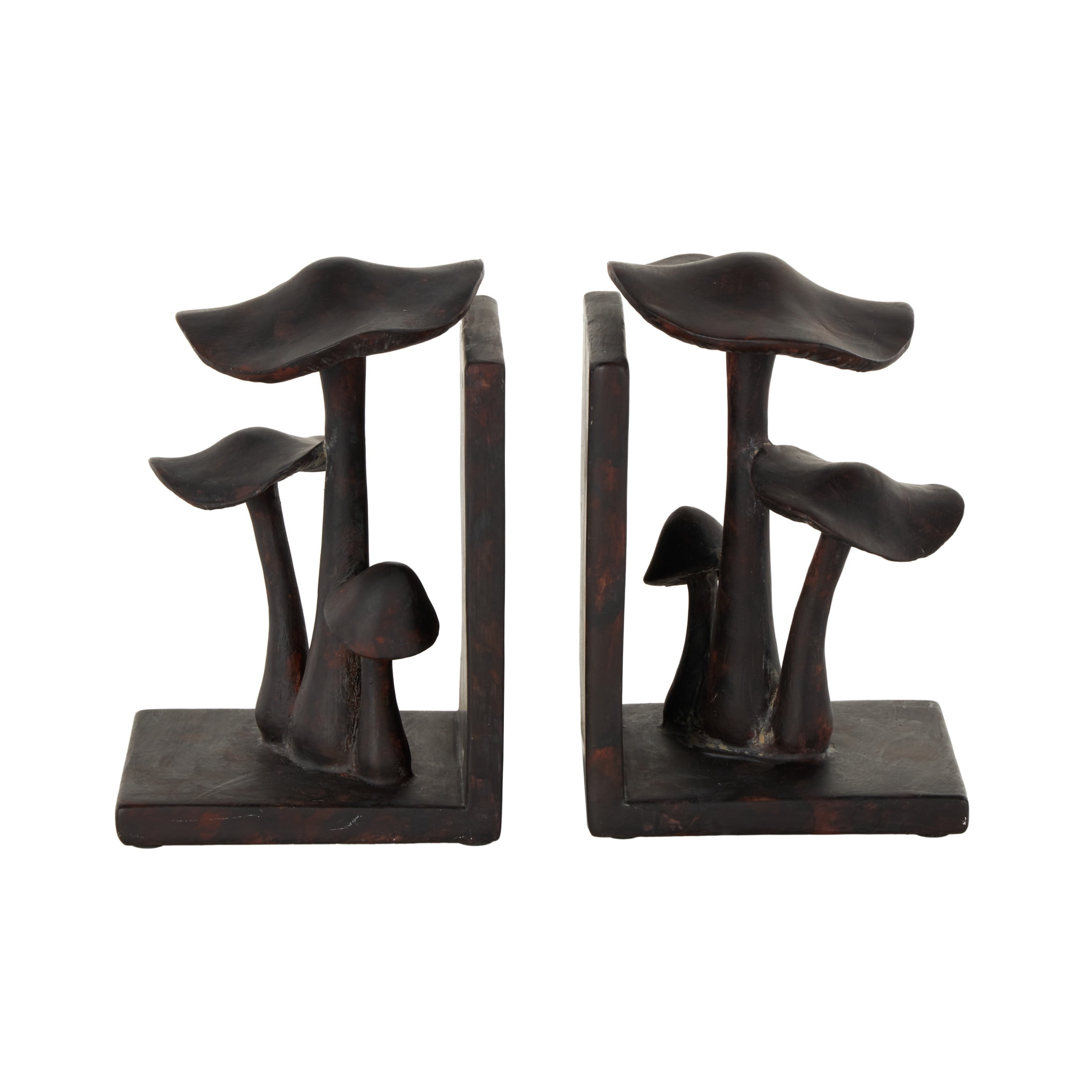 DecMode 5" Mushroom Dark Brown Polyresin Bookends with Copper Shadings (Set of 2)