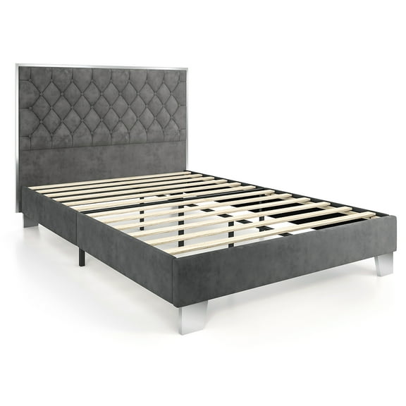 Costway Full Upholstered Bed Frame Mattress Foundation with Button Tufted Velvet Headboard