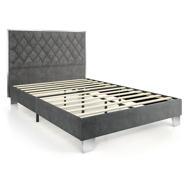 Costway Cadre de Lit Entièrement Rembourré Base de Matelas avec Tête de Lit en Velours Capitonnée à Boutons