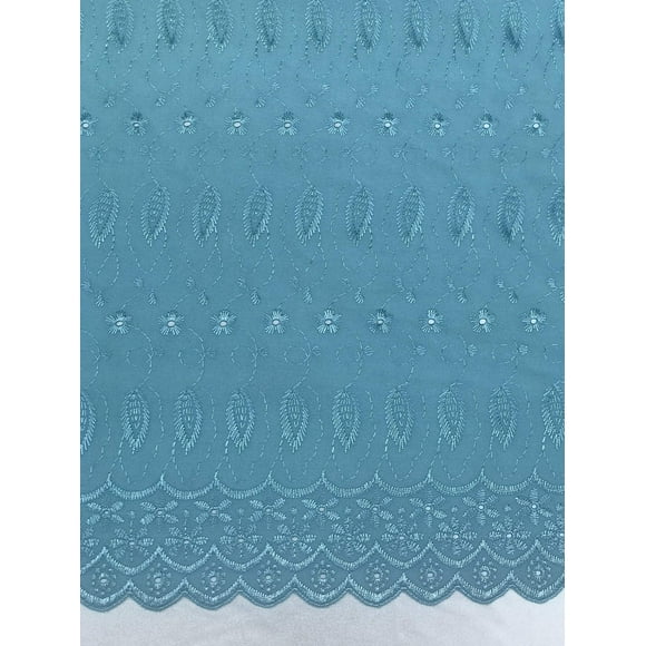 Sal Tex Fabrics, Daisy N Leaf Embroidery Double Scalloped Finish Edge Eyelet Lace with Shyni Stiched Accent, 42" Wide and Sells by The Yard, 23 Colors Available (Turquoise)