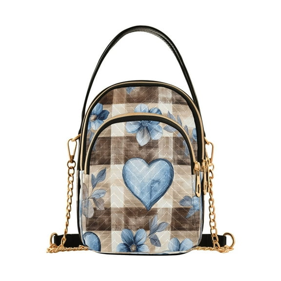 Cross Body Fashion Shoulder Waist Purse Bags Blue Floral Hearts on Check Pocket Handbags