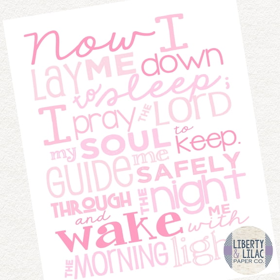 Baby Girl Nursery Art Now I Lay Me Down to Sleep Bedtime Prayer Christian Art Bible Verse Pink and White Baby Shower Gift Christening Gift Baptism Gift 16x20