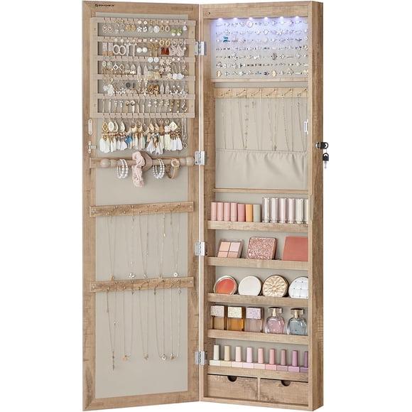 SONGMICS Espejo Joyero LED, 120 cm de Alto con Cerradura, Armario Joyero de Pared o Montado en la Puerta, 10 x 37 x 120 cm, Roble Tostado