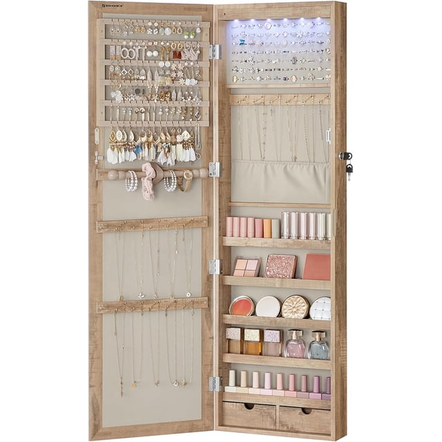 SONGMICS Espejo Joyero LED, 120 cm de Alto con Cerradura, Armario Joyero de Pared o Montado en la Puerta, 10 x 37 x 120 cm, Roble Tostado