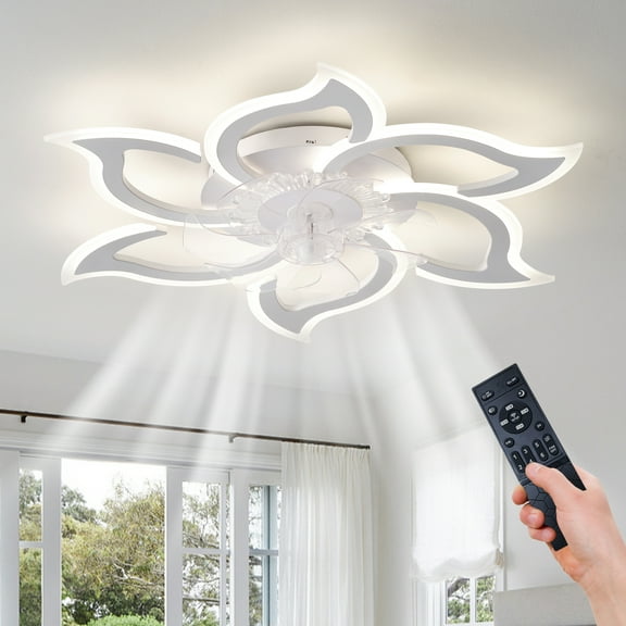 Eowynic 33 inch Modern White Flush Mount Ceiling Fan with Lights Remote Control, 3 Color Temperatures, 6 Wind Speed, DC Motor