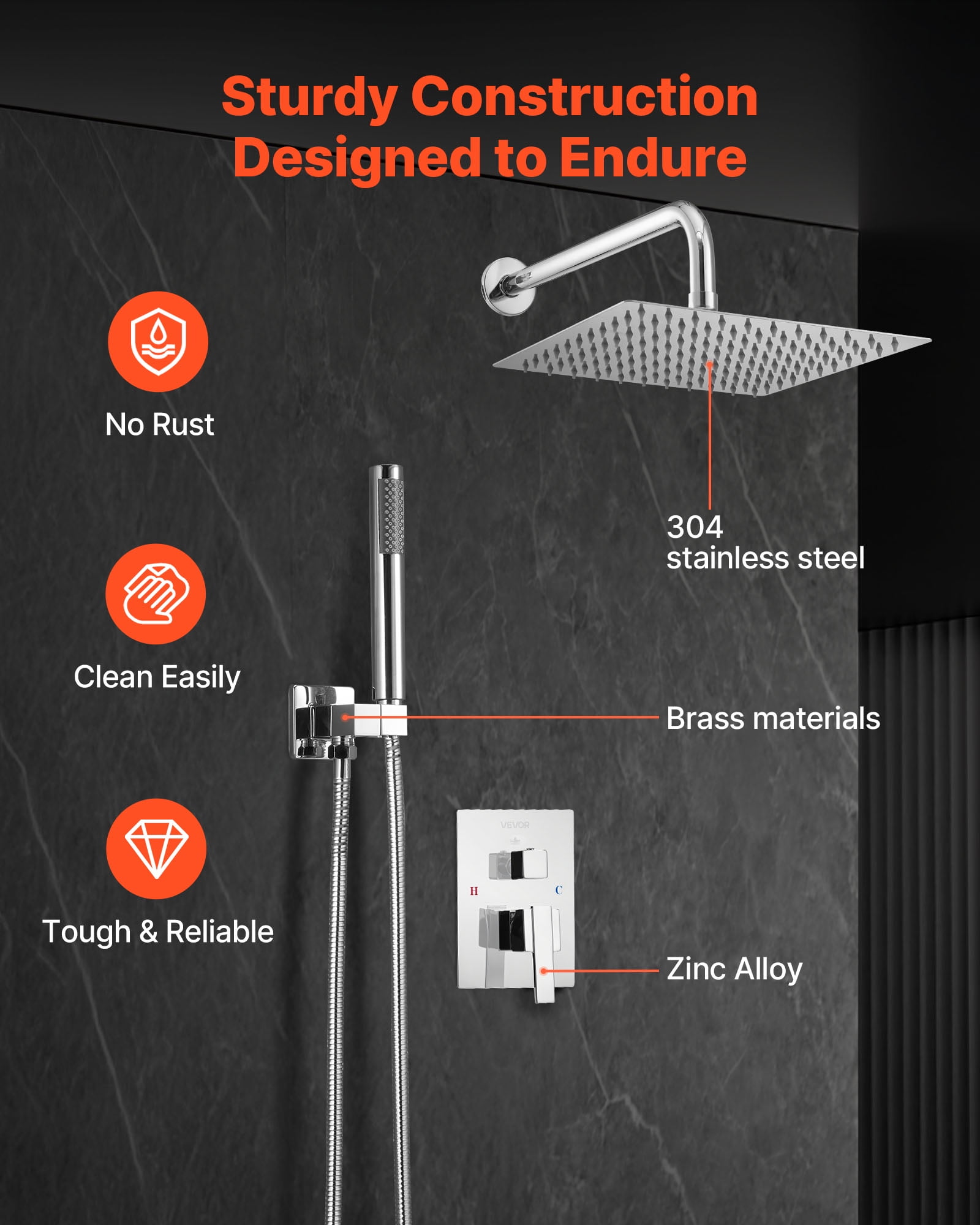 VEVOR Shower Faucet Set, Rainfall Bathroom Shower System with 10-Inch Square Rain Shower Head and Handheld Spray, Wall Mounted Bath Fixtures with Brass Valve and Trim Kit, Silver Chrome
