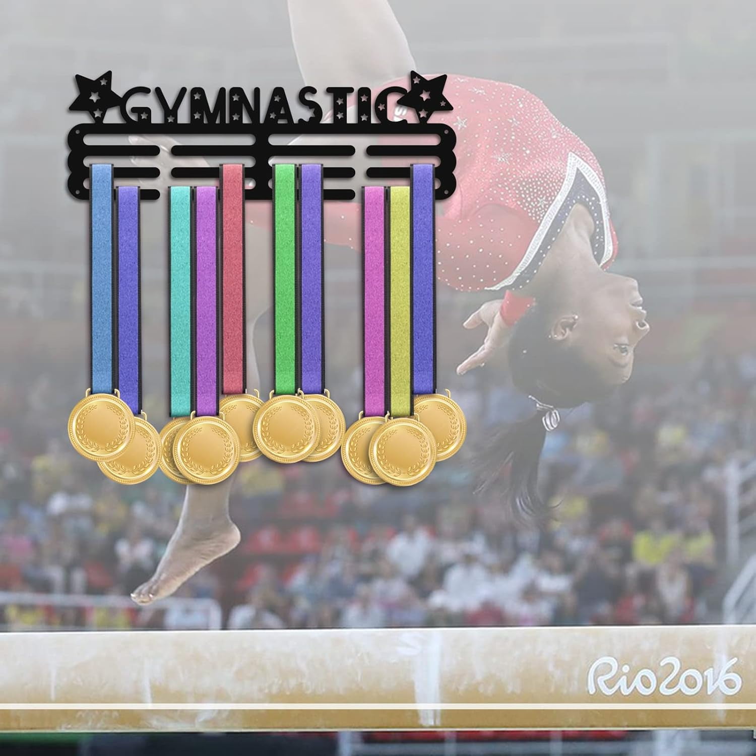 Award Medal Display Gymnastics Pattern Medal Holder Display Hanger Metal Medal Rack Holder Frame Awards Ribbon Holder Wall Mount Tiered Award Rack for Over 60 Medals Runner Athletes Black