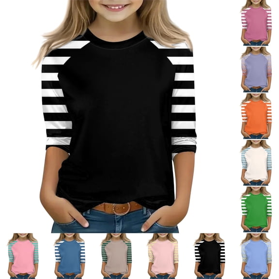 OIOLOYJM Shirts for Girls 2026 Casual Crewneck 3/4 Length Sleeve Color Block T Shirts Summer Cotton Fashion Pullover Tops Basic Clothes Black 10-11 Year