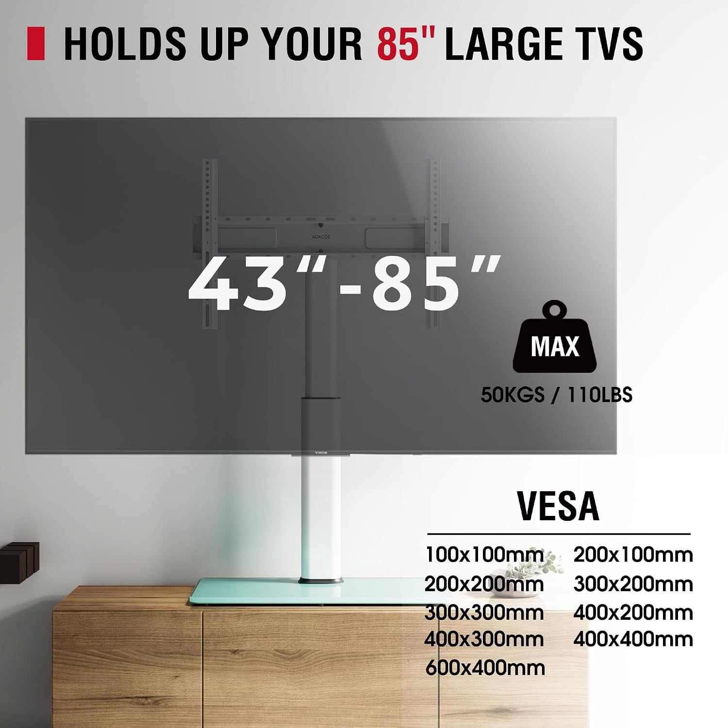 AOKCOS Tabletop TV Stand for 43–85 Inch TVs, White, Swivel & Tilt, Height Adjustable