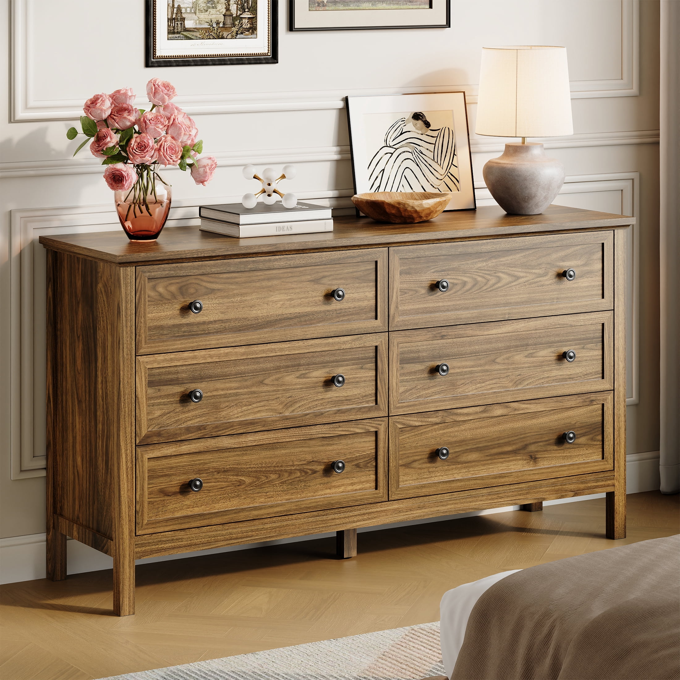 YouTrend Brown Large Dresser with 6 Drawer for Bedroom,Traditional Adult Chest of Drawers with Golden Handles for Living Room,Hallway