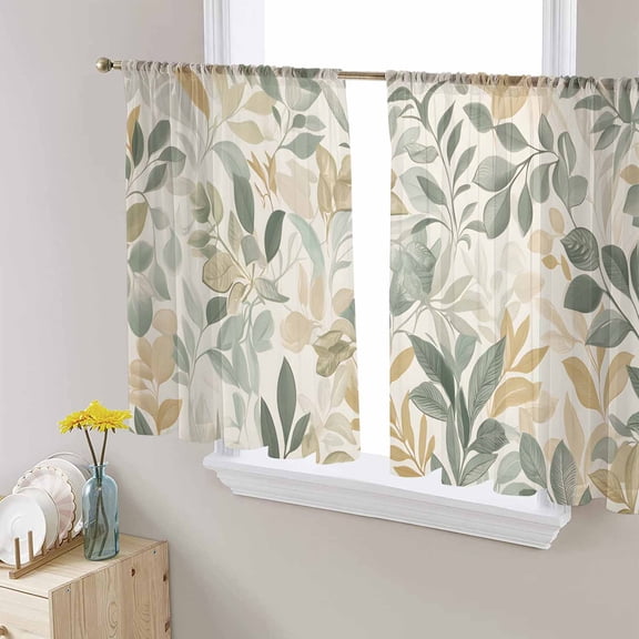 Sage Green Yellow Botanical Semi Sheer Curtains 45 Inch Length 2 Panels Set, Spring Summer Vintage Sheer Kitchen Curtain Privacy Voile Window Curtain for Living Room Bedroom Rod Pocket Drapes