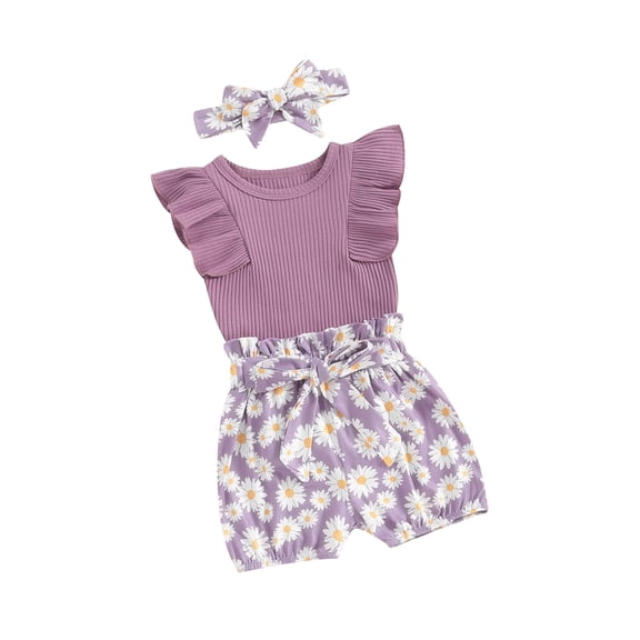 BemeyourBBs Toddler Baby Girls Summer Clothes Cute Infant Baby Girl 2 Pieces Outfits Short Sleeve Ribbed Romper Daisy Print Shorts with Belt Headband Sets