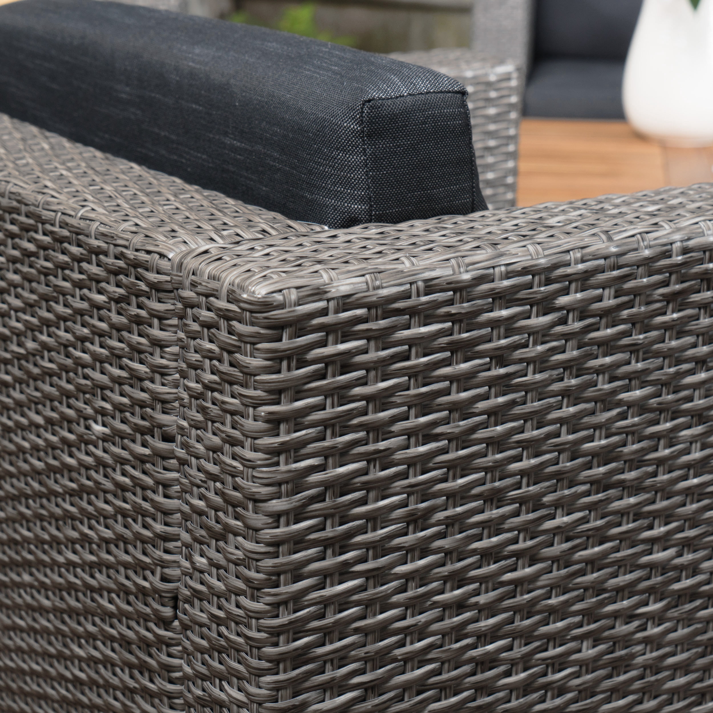 Cascada Outdoor 4 Piece Wicker Club Chairs with Cushions and C-Shaped Tables Set, Silver, Dark Grey, Mixed Black