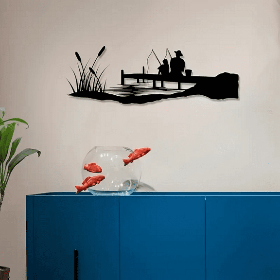 Father and Son Fishing Metal Wall Art, Black Lake Scene Silhouette for Bedroom or Living Room Decor