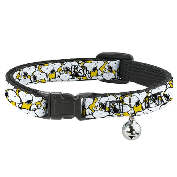 Peanuts Breakaway Cat Collar With Bell, Plastic Clip, Easy Adjustable, Peanuts Snoopy Pose Stacked Yellow, 8.5 to 12 Inches 0.5 Inch Wide