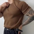 thumbnail image 4 of Men Sport T-shirt Men's Summer Sport T-shirt Knitted Thread Elastic O Neck Slim Fit Solid Color Short Sleeves Pullover Workout Gym Training Top Summer, 4 of 8