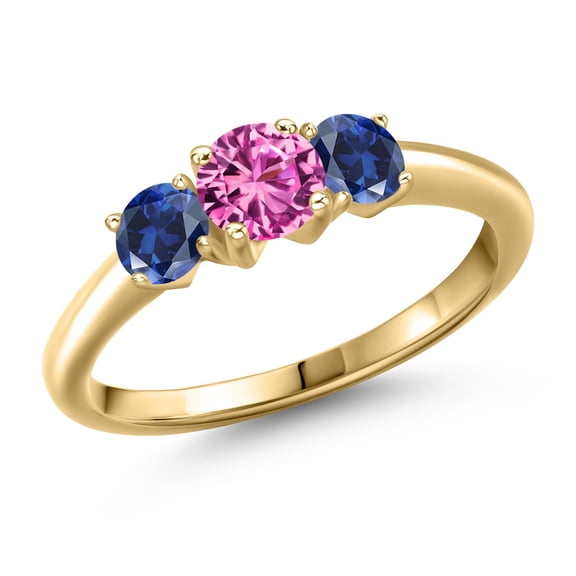 Gem Stone King 10K Yellow Gold Pink Created Sapphire and Blue Created Sapphire Engagement Ring for Women | 1.05 Cttw | Round 5MM | Gemstone September Birthstone | Size 7