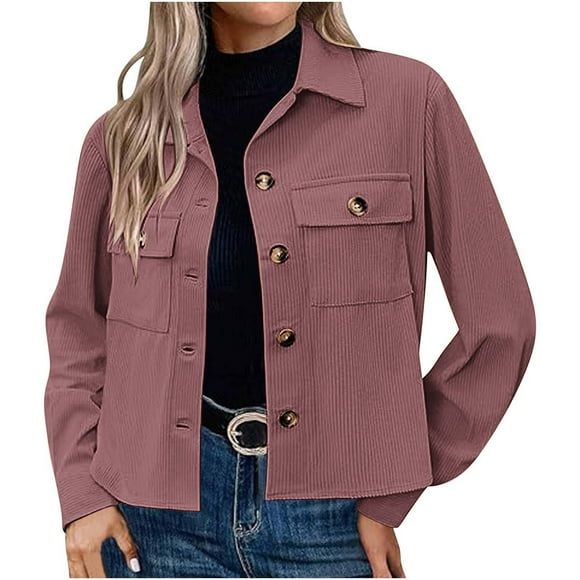 HVOBTTY Womens Long Sleeve Comfortable Fleece Coat, Womens Fashion Cropped Shackets Corduroy Crop Jackets Long Sleeve Shirts Trendy Pink, XL