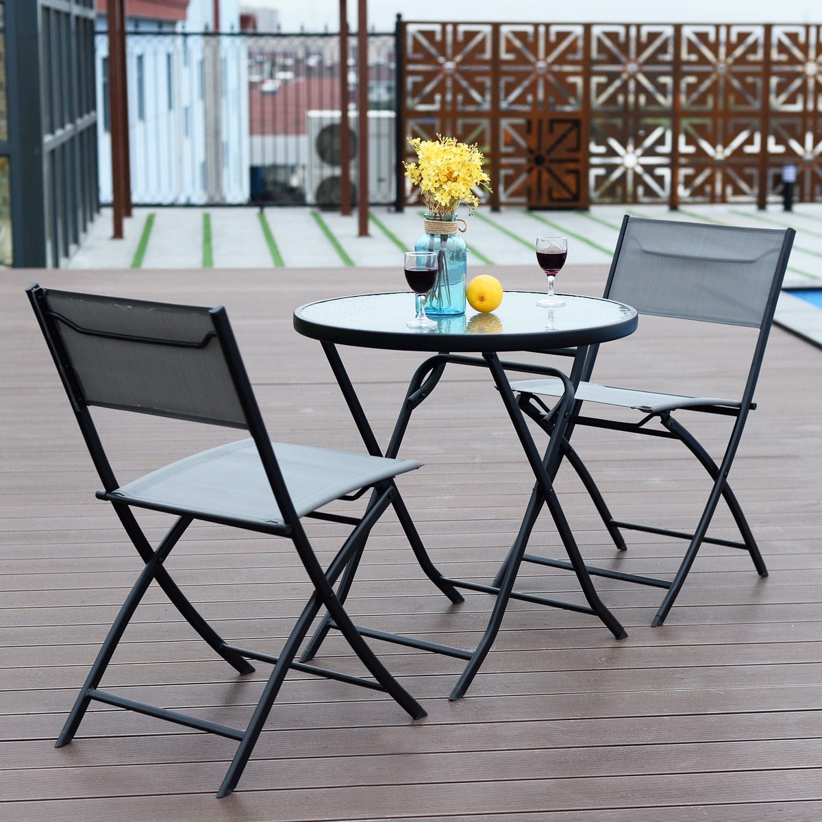 Costway 3 Piece Table Chair Set Metal Tempered Glass Folding Outdoor Patio Garden Pool by Costway