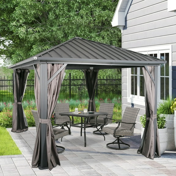 Ulax Furniture 10Ft x 10Ft Hardtop Patio Gazebo Outdoor Aluminum Gazebo with Netting and Curtains for Garden, Patio, Lawns