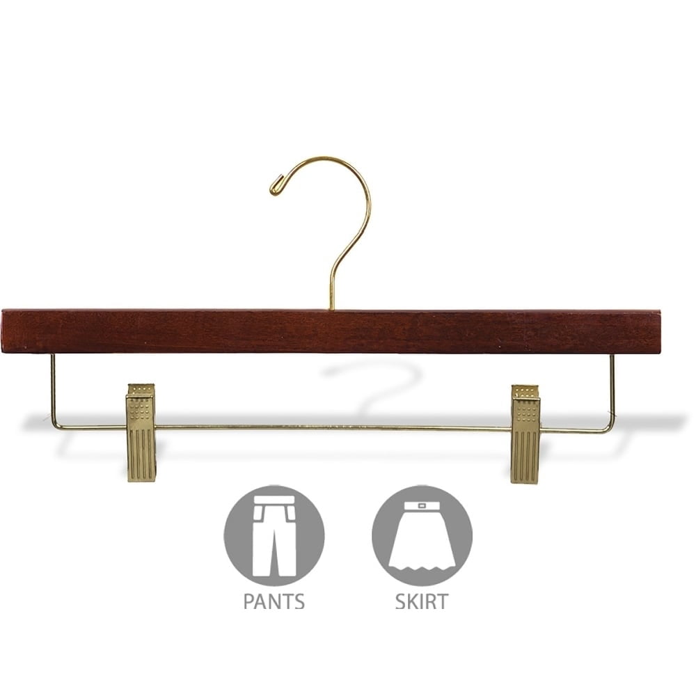 The Great American Hanger Company Wooden Pant Hanger with Walnut Finish and Adjustable Cushion Clips, Flat Wood Bottom Hangers with Brass Swivel Hook
