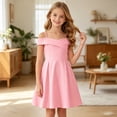 thumbnail image 2 of ASEIDFNSA Girls Sleeveless Off Shoulder Dress with Ruffle Neckline and A Line Skirt (Pink,6-7 Years), 2 of 4