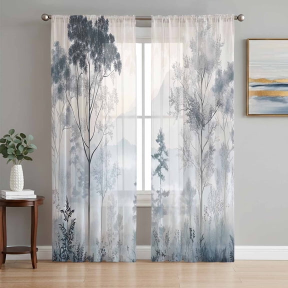 Gray Ombre Forest Sheer Curtains 84 Inch Length 2 Panels Set, Watercolor Trees Mountain Voile Window Treatment Rod Pocket Curtains Sheers Drapes for Bedroom/Living Room/Kitchen 52"x84"x2