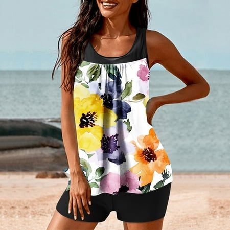 LEBONYARD Women s Two Piece Swimsuits Blackless Bikini Top Summer Beach Women Conservative Print Strappy Black Set Two Piece Swimsuits Swimdress Multicolor L