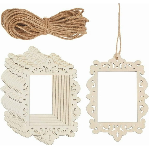 12Pcs Unfinished Wood Picture Frames Hanging Photo Frames with Rope Small 2 x 3 Inch Embossed Hollow Blank Photography Accessories Sets