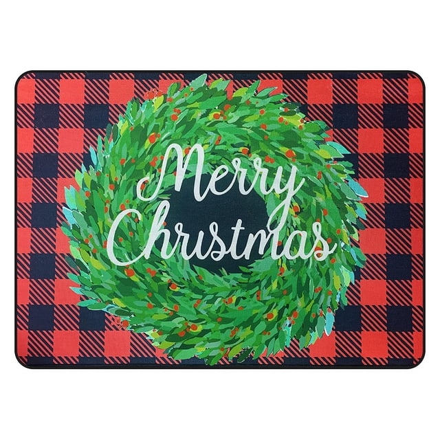TUWABEII Tapis de Porte d'Entrée de Noël, Tapis de Bienvenue à Carreaux Rouges Profil Bas Décoration Traditionnelle de Noël, Tapis Antidérapant Décoratif pour Maison/salle de Bain/cuisine/intérieur 60x90CM