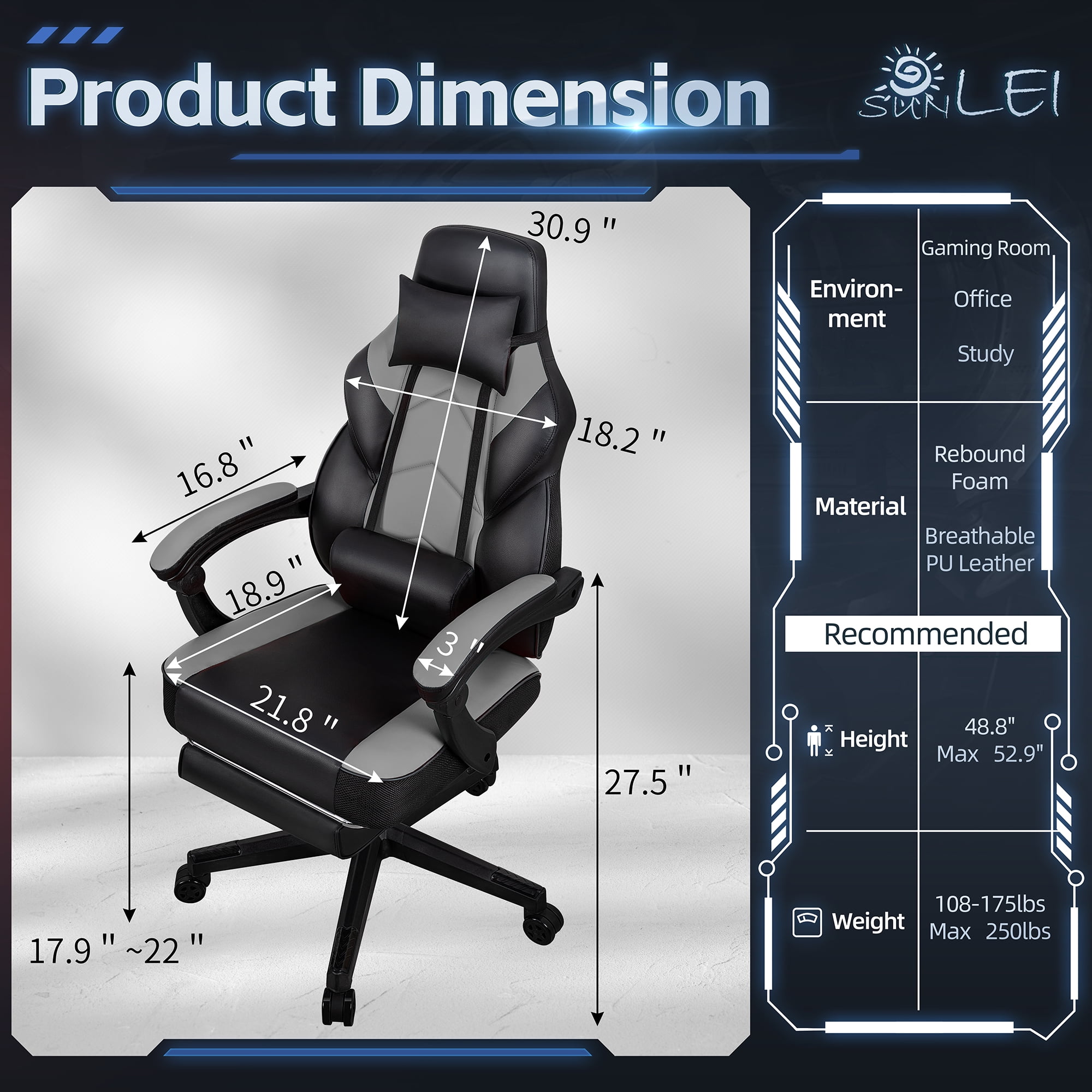 Walsunny Ergonomic Gaming Chair with Adjustable Footrest and Massage Leather Game Chair large gaming chair with Headrest and Lumbar Support for Adults, Gray
